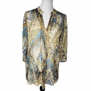 Gibson Women's Large Brown & Blue Print Silk Pullover Sheer Blouse
